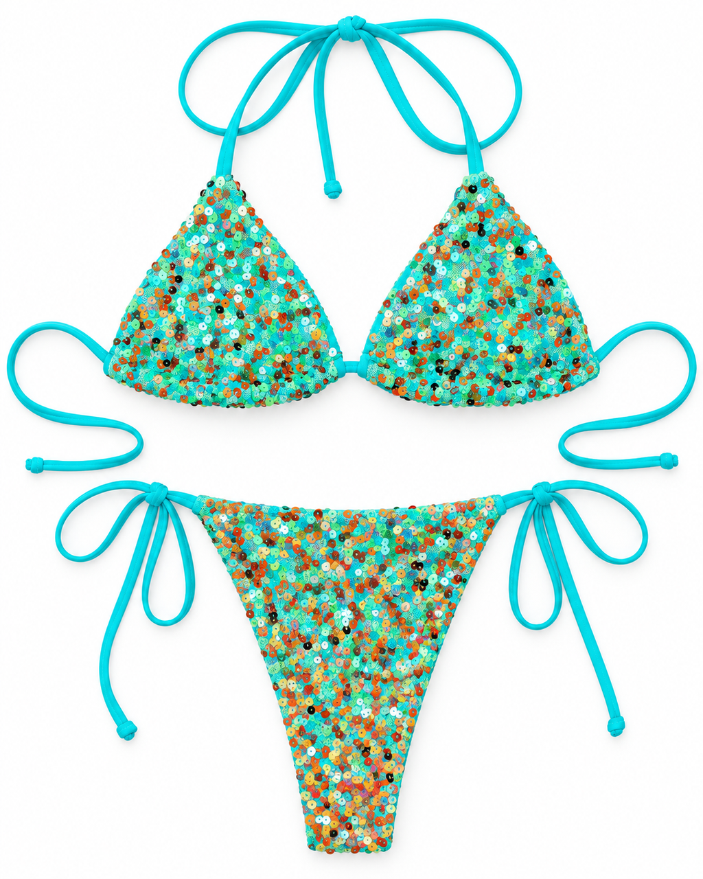 Aqua Sequin Triangle Tie-Side Bikini Set