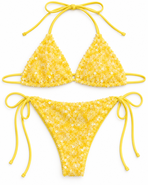 Golden Maize Sequin Triangle Tie-Side Bikini Set