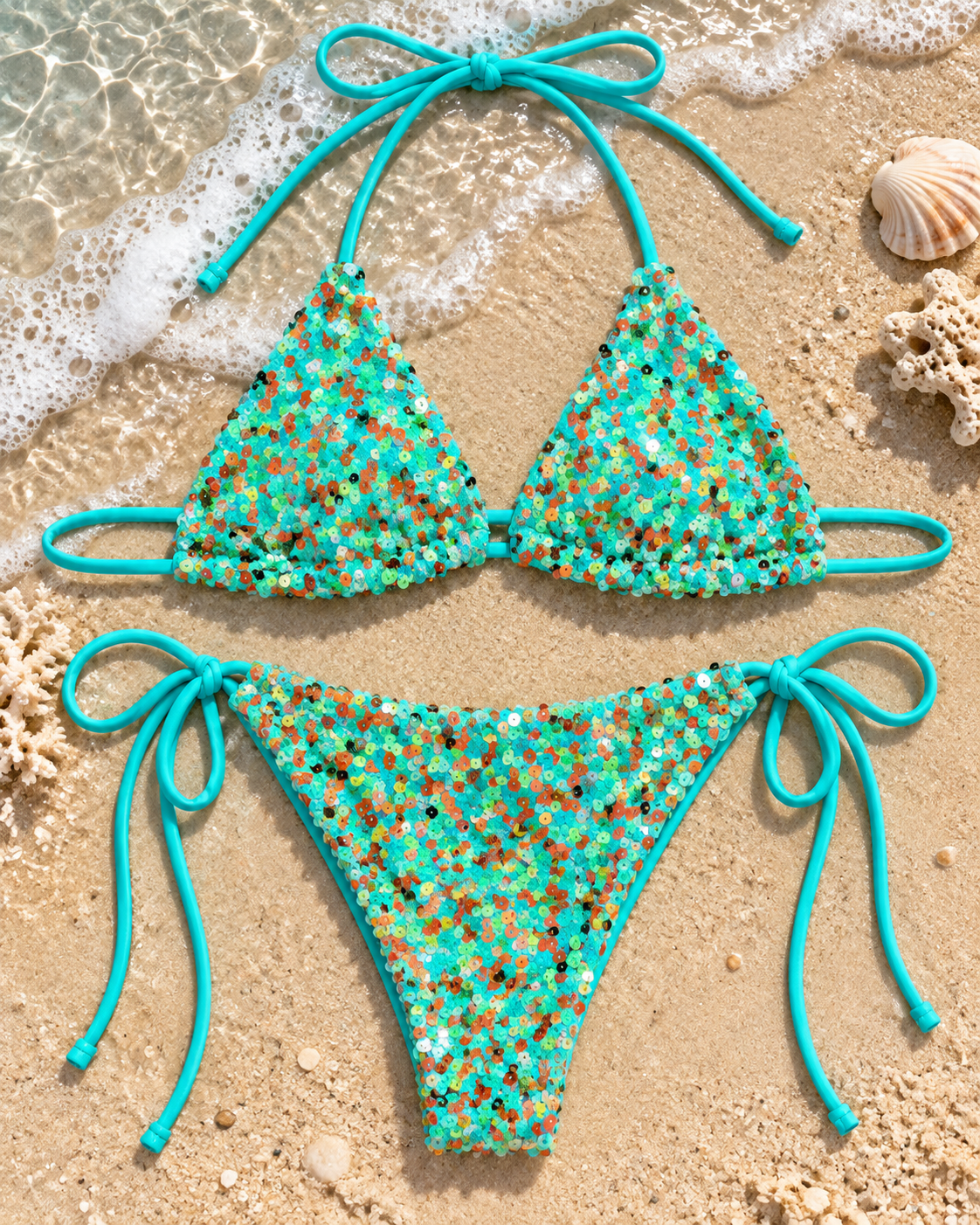 Aqua Sequin Triangle Tie-Side Bikini Set
