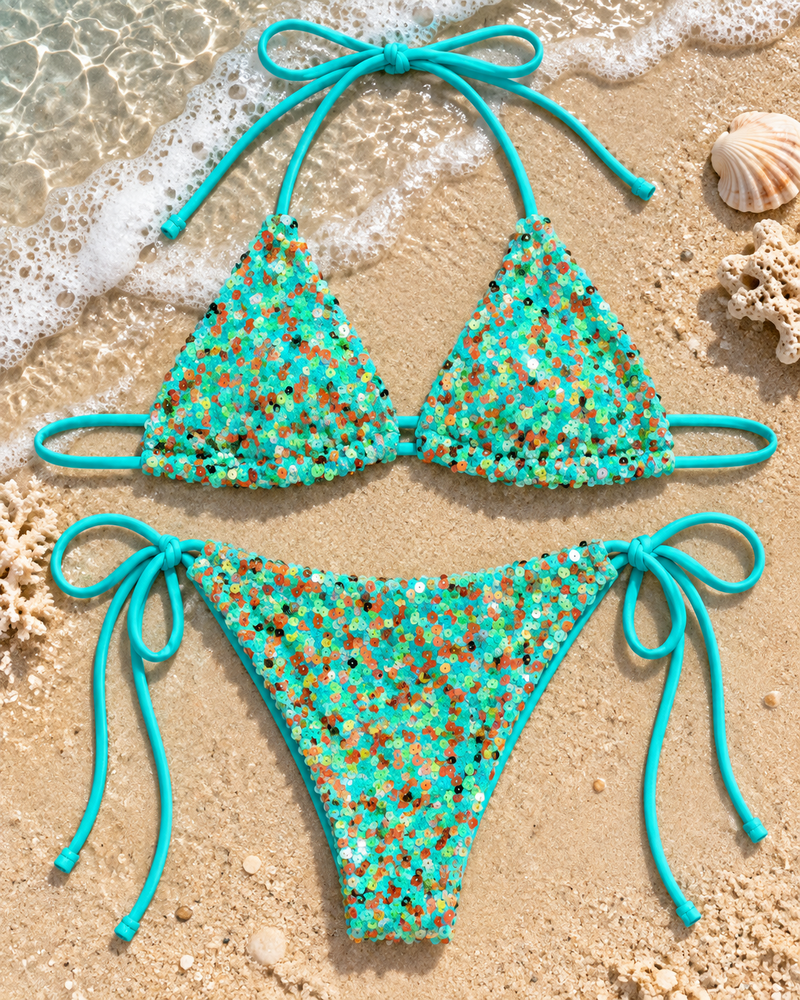 Aqua Sequin Triangle Tie-Side Bikini Set