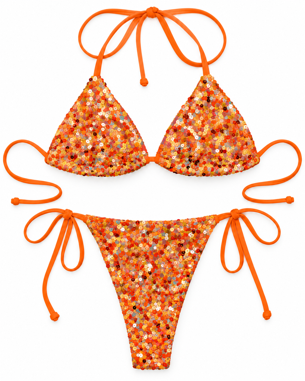 Orange Sequin Triangle Tie-Side Bikini Set